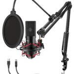FIFINE USB Gaming Microphone Set with Flexible Arm Stand Pop Filter, Plug and Play with PC Desktop Laptop Computer, Streaming Podcast Mic Kit for Home Studio (T732), Black, Unidirectional, Black