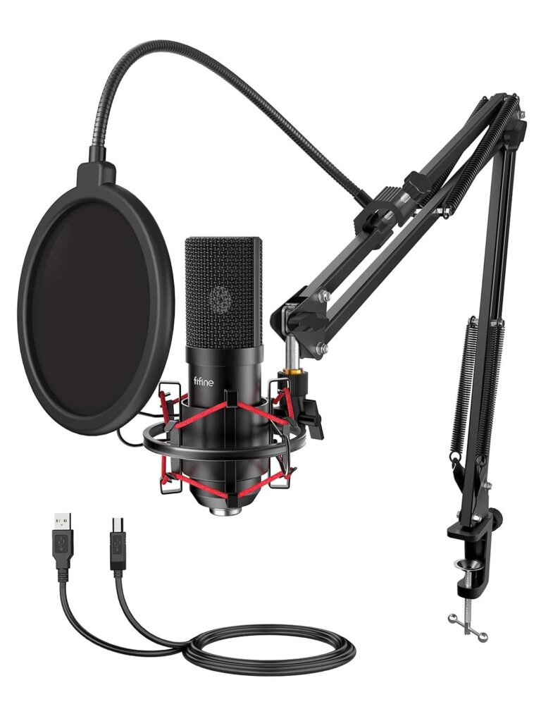 FIFINE USB Gaming Microphone Set with Flexible Arm Stand Pop Filter, Plug and Play with PC Desktop Laptop Computer, Streaming Podcast Mic Kit for Home Studio (T732), Black, Unidirectional, Black