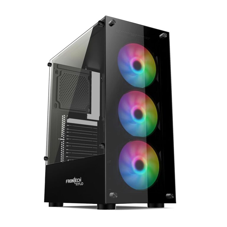 FRONTECH Xylo Gaming Cabinet/Computer Case with HD Audio | ATX Compatible with Tampered Glass Side Panel and Bottom SMPS Dock | 3x120 mm RGB Fan with Dust Filter, USB 3.0, 2xUSB 1.1 (FT4285, Black)