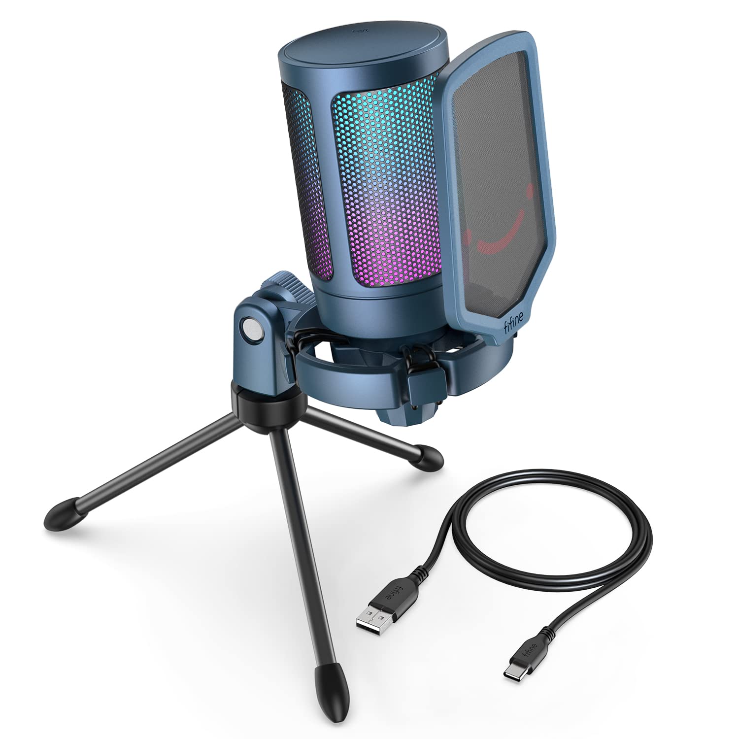 Fifine Gaming Streaming USB PC Microphone for Mac OS/Windows, AmpliGame Condenser Cardioid Mic with RGB for Video Vocal Recording Twitch Discord, Gamer Computer Mic-Blue