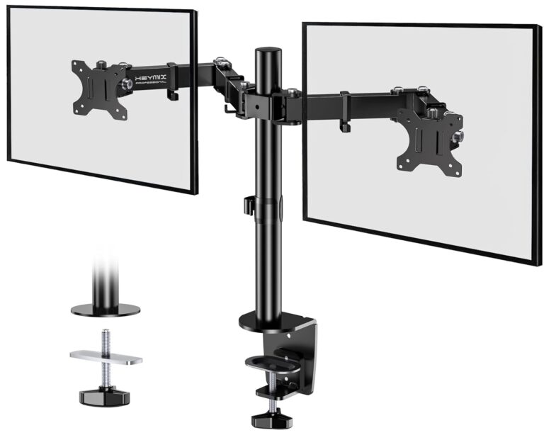 HEYMIX Dual Monitor Arm, Height Adjustable Dual Monitor Arm for 13-32" Computer Screens UP to 10KGs/22lbs, Ergonomic Heavy Duty Dual VESA Monitor Mount 75mm/100mm, Designed for Home, Office (Black)