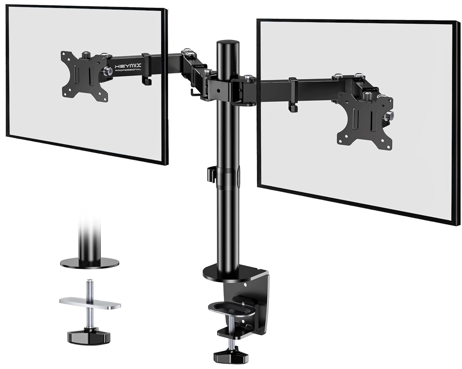HEYMIX Dual Monitor Arm, Height Adjustable Dual Monitor Arm for 13-32" Computer Screens UP to 10KGs/22lbs, Ergonomic Heavy Duty Dual VESA Monitor Mount 75mm/100mm, Designed for Home, Office (Black)