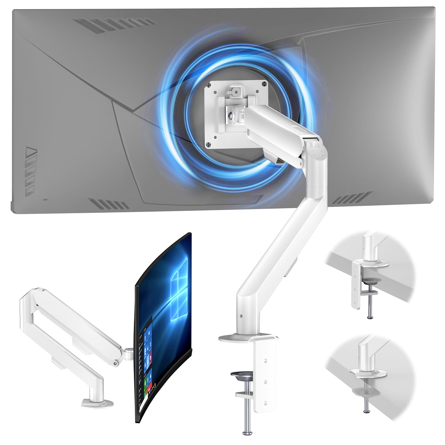 HEYMIX LIFE Single Monitor Arm, VESA Mount Aluminum Gas Spring Adjustable Ergonomic Computer Monitor Arm, Swivel Monitor Mount & 2 Grommet Mounting Base for 13-32 inches 1.5-10 kgs Sceens, White