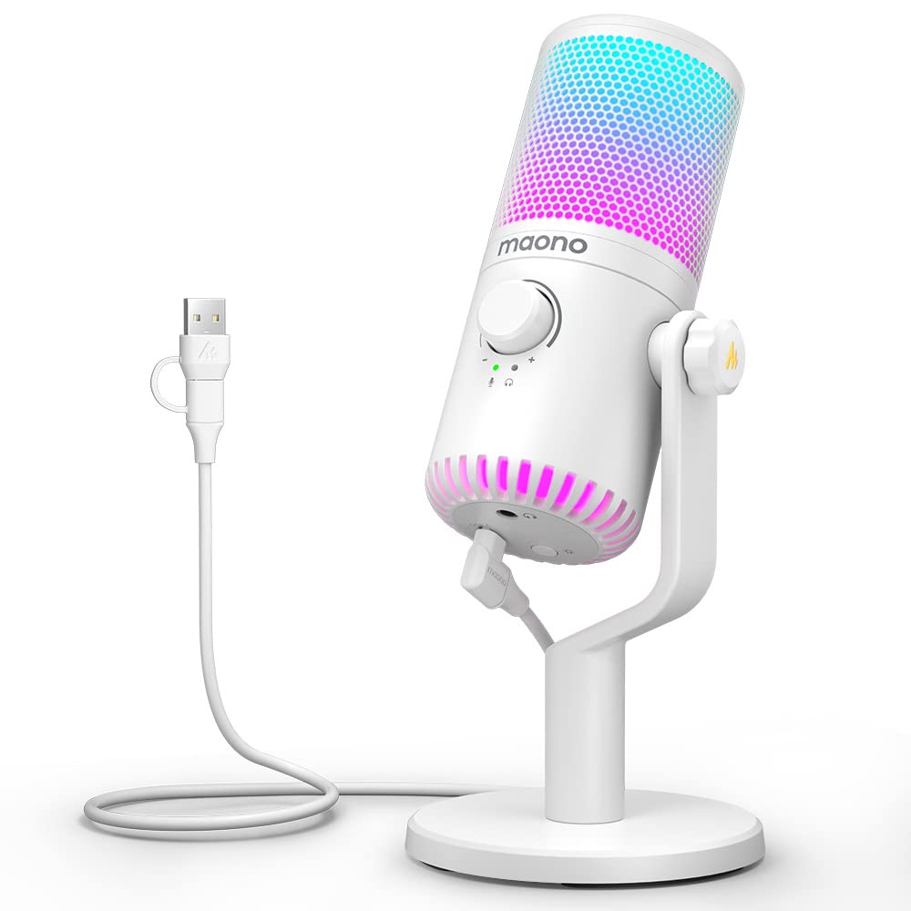 MAONO DM30 White Gaming USB Microphone, Programmable PC Computer Condenser Mic for Streaming, Podcasting, Recording, Twitch, YouTube, Discord, with RGB Lights, Mute, Gain, Zero Latency Monitoring