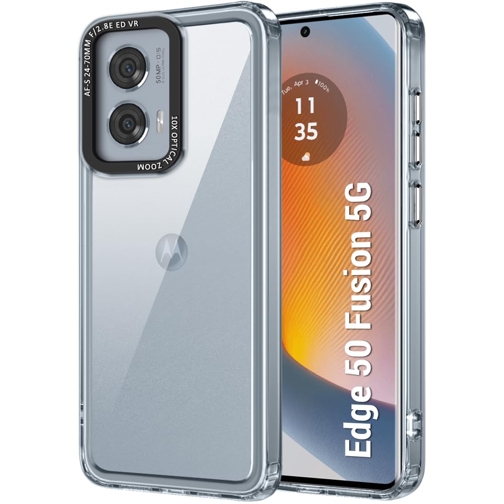 TheGiftKart Hybrid ShockProof Motorola Edge 50 Fusion 5G Back Cover Case | Stylish Camera Border | Plated Buttons | Crystal Clear Hard Back Case for Moto Edge 50 Fusion (TPU & PC, Transparent Bumper)