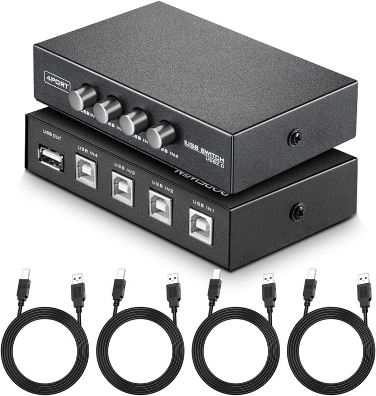 XIKKART Printer Sharing USB Switch 4 Ports | USB 2.0 Switch Selector Box | printer sharing usb switch, with 4 Pcs usb printer cable 1.5 meter, 4 Port, USB Device, PC, Computer, Printer, Scanner,
