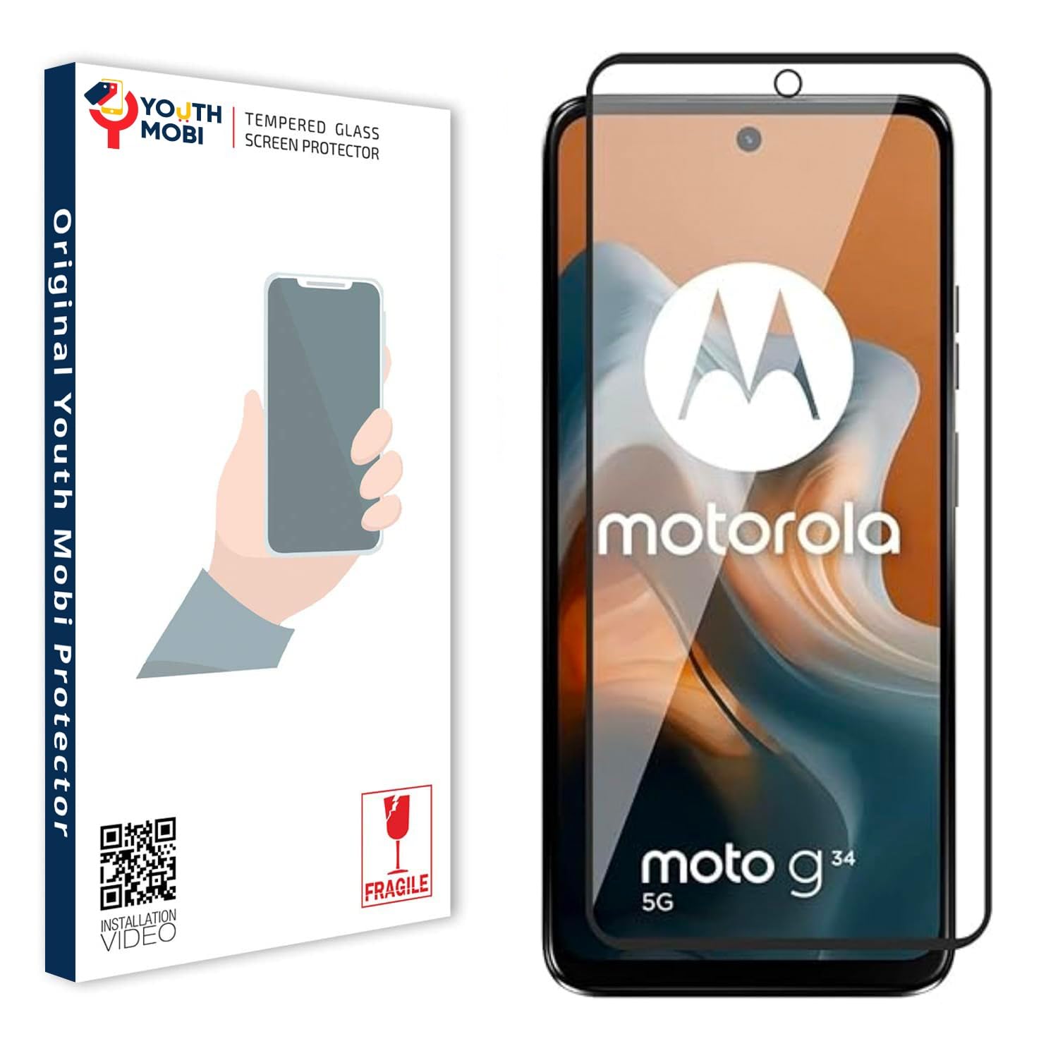YOUTH MOBI Tempered Glass Screen Protector Compatible for Motorola Moto G34 5G (6.5 Inch) with Edge to Edge Coverage and Easy Self Installation Kit | Black