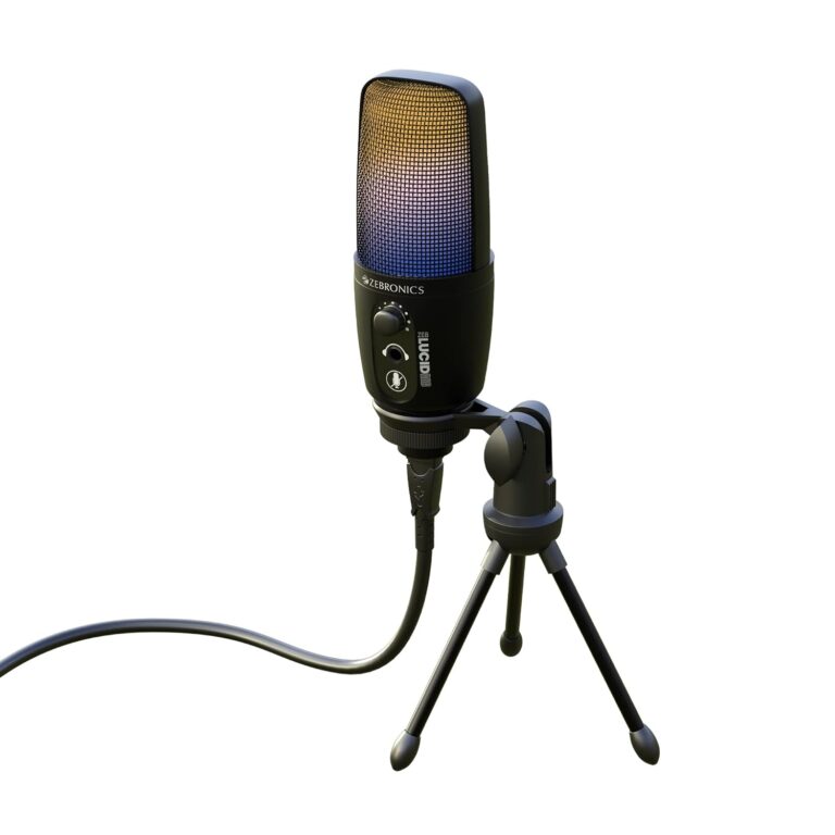 Zebronics Zeb-Lucid RGB Gaming-Tripod Condenser Microphone with 2M USB Cable for Computer/PC, Cardioid Pattern, RGB Lights, Metal Body Sensitivity Control, Headphone Output and Mute/Unmute Button