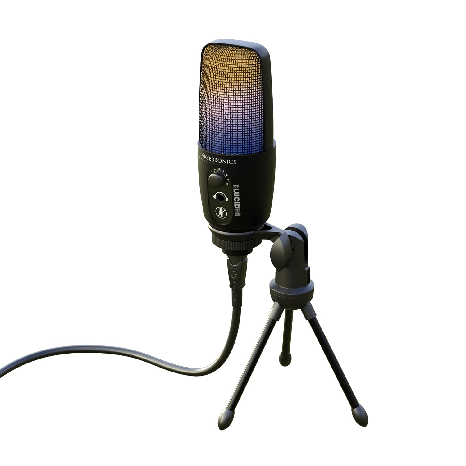 Zebronics Zeb-Lucid RGB Gaming-Tripod Condenser Microphone with 2M USB Cable for Computer/PC, Cardioid Pattern, RGB Lights, Metal Body Sensitivity Control, Headphone Output and Mute/Unmute Button