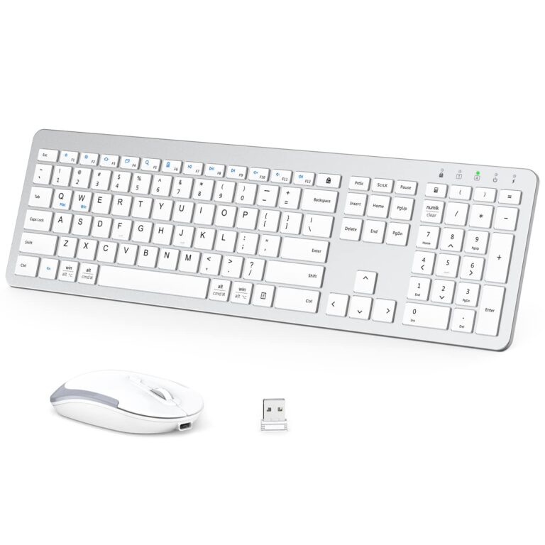iClever Wireless Keyboard and Mouse GK08 - Rechargeable, Ergonomic, Quiet, Full Size Design with Number Pad, 2.4G Stable Connection Slim Mac Keyboard and Mouse for Windows, Mac OS Computer, Silver