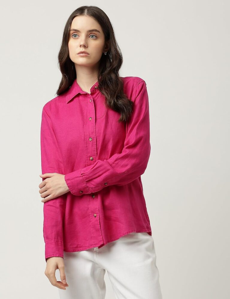 Marks & Spencer Womens Solid Linen Blend Collared Neck Regular Fit Shirt