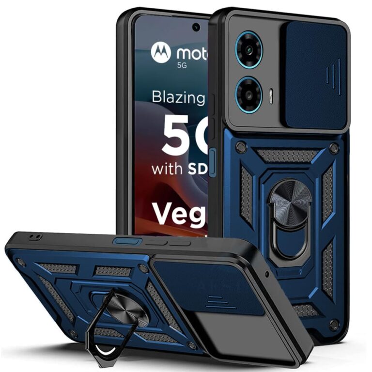 Aestmo Tough Armor Motorola Moto G34 5G Polycarbonate Bumper Back Case Cover | Ring Holder & Sliding Camera Shield Cover | 360 Degree Protection Back Case Cover For Motorola Moto G34 (Blue)