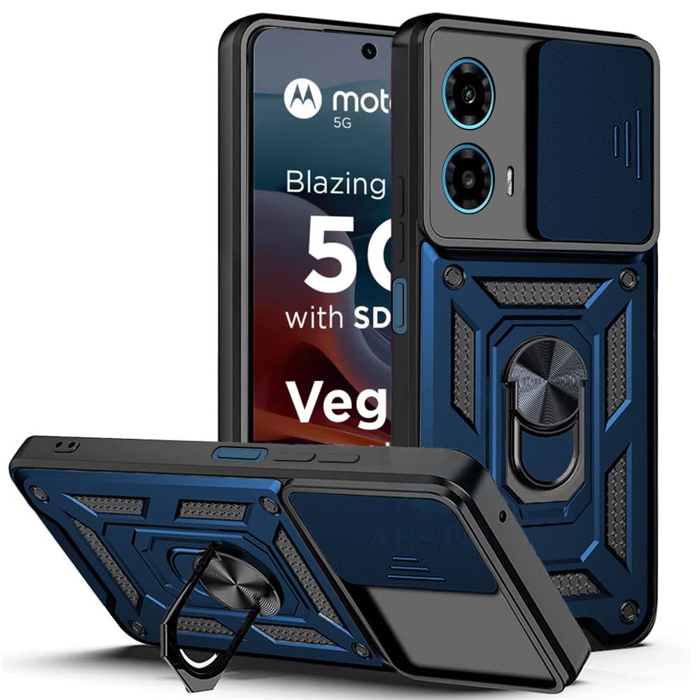 Aestmo Tough Armor Motorola Moto G34 5G Polycarbonate Bumper Back Case Cover | Ring Holder & Sliding Camera Shield Cover | 360 Degree Protection Back Case Cover For Motorola Moto G34 (Blue)