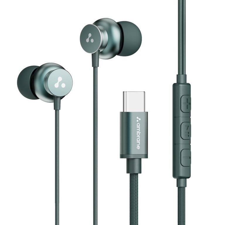 Ambrane Type C Wired Earphones with in-line Mic for Clear Calling, 1.2M Cable, 10mm Dynamic Drivers for BoostedBass, Control Buttons for iPhone 15, Samsung & Type C Devices (Stringz 38C, Green)
