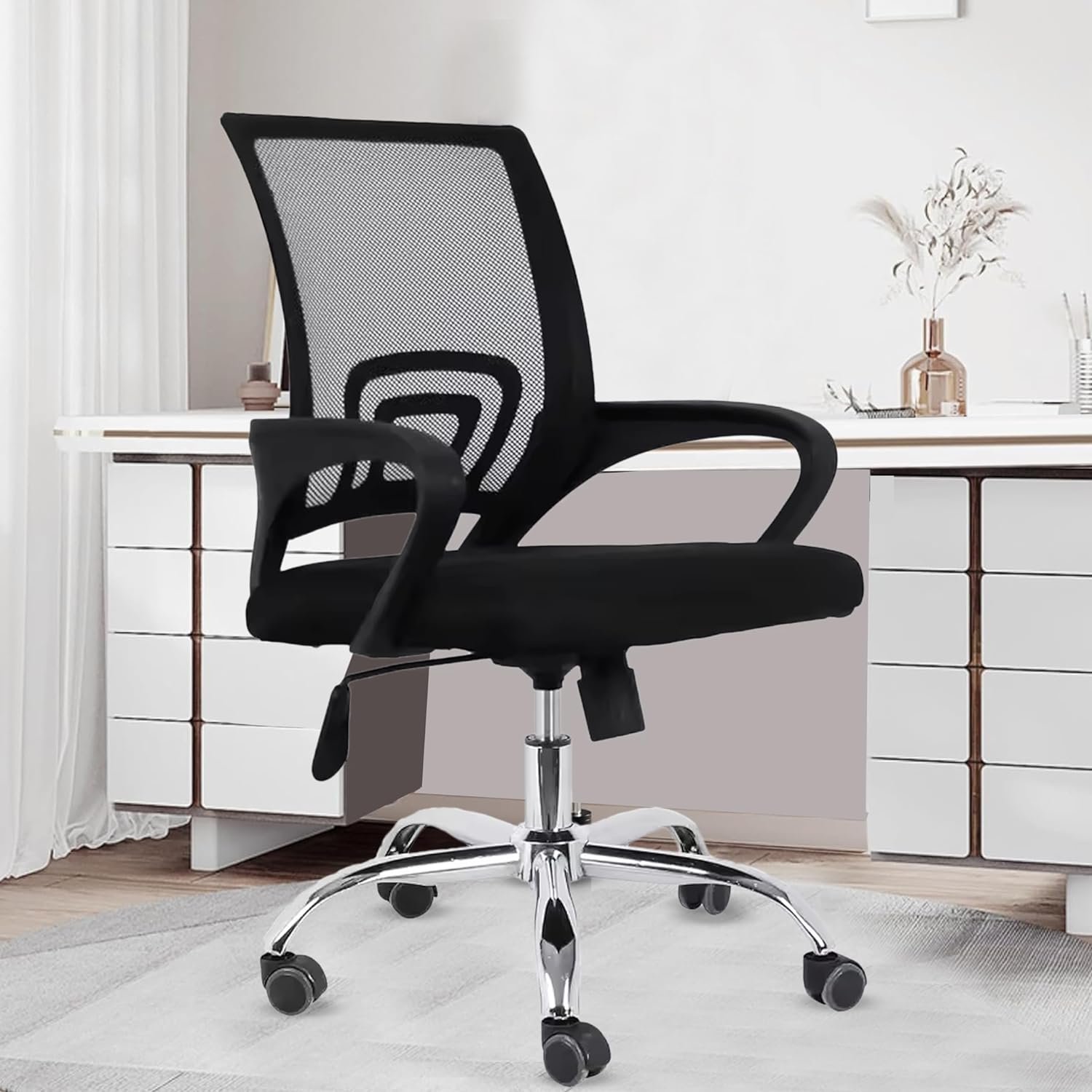 Casa Copenhagen Mesh Mid Back Office Chair/Study Chair/Computer Chair/Revolving Chair/Desk Chair for Work from Home -Metal Base, Height Adjustable Seat - Black.