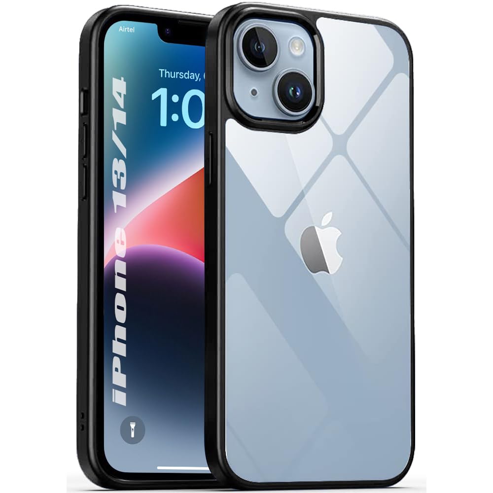 Enflamo TPU+Plastic Transparent Hard Back Cover Case For Iphone 14|Iphone 13|With Camera Protection (Black)