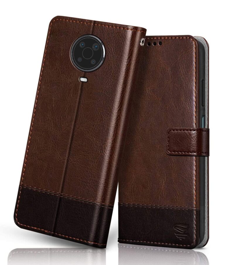 FLIPPED Vegan Leather Flip Case Back Cover for Nokia G20 (Flexible, Shock Proof | Hand Stitched Leather Finish | Card Pockets Wallet & Stand | Brown with Coffee)