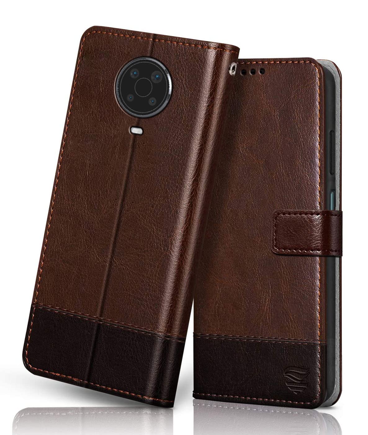 FLIPPED Vegan Leather Flip Case Back Cover for Nokia G20 (Flexible, Shock Proof | Hand Stitched Leather Finish | Card Pockets Wallet & Stand | Brown with Coffee)