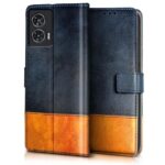 Fashionury Flip Back Case for Motorola G85 5G / Motorola Moto Edge 50 Fusion| Genuine Leather Finish | Flip Cover Back Case for Motorola G85 5G / Motorola Moto Edge 50 Fusion (Blue with Tanned Oak)