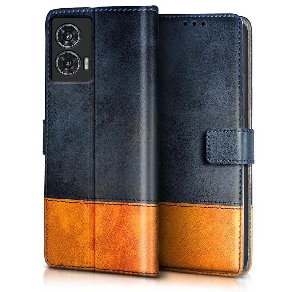 Fashionury Flip Back Case for Motorola G85 5G / Motorola Moto Edge 50 Fusion| Genuine Leather Finish | Flip Cover Back Case for Motorola G85 5G / Motorola Moto Edge 50 Fusion (Blue with Tanned Oak)