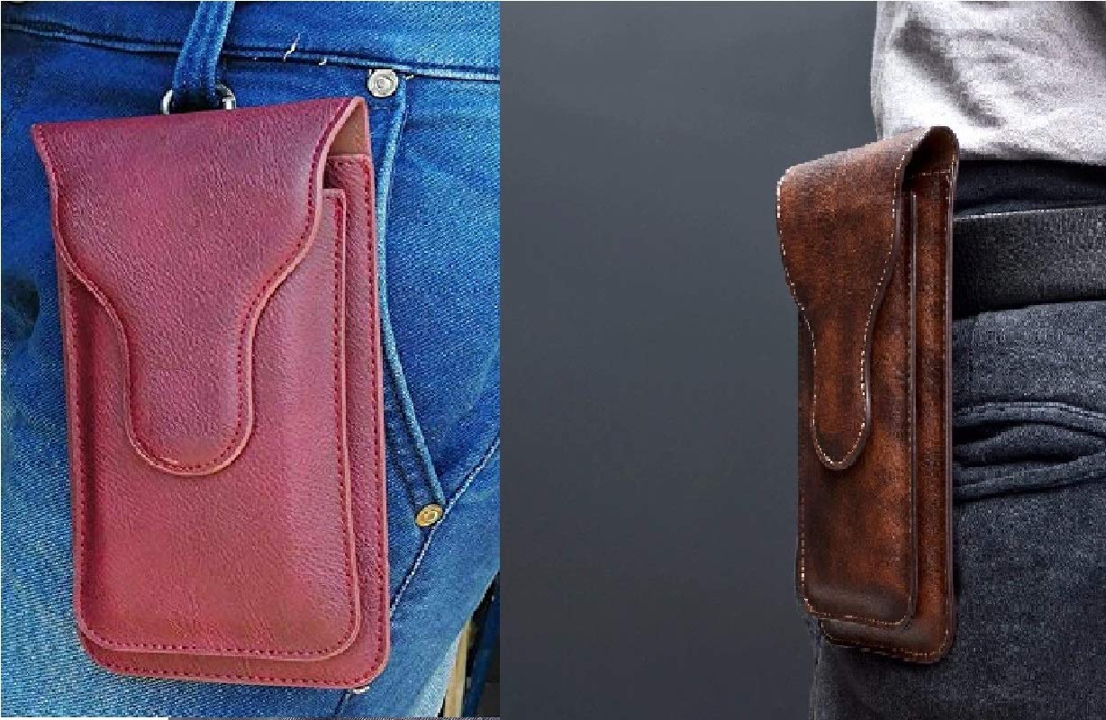 HARITECH Leather Belt Clip Case with Double Mobile Pocket Cover for Nokia G42 / C300 / C32 / C22 / G22 / G100 - Red (2 Pocket for 6.5 & 5.5 inch Mobile)