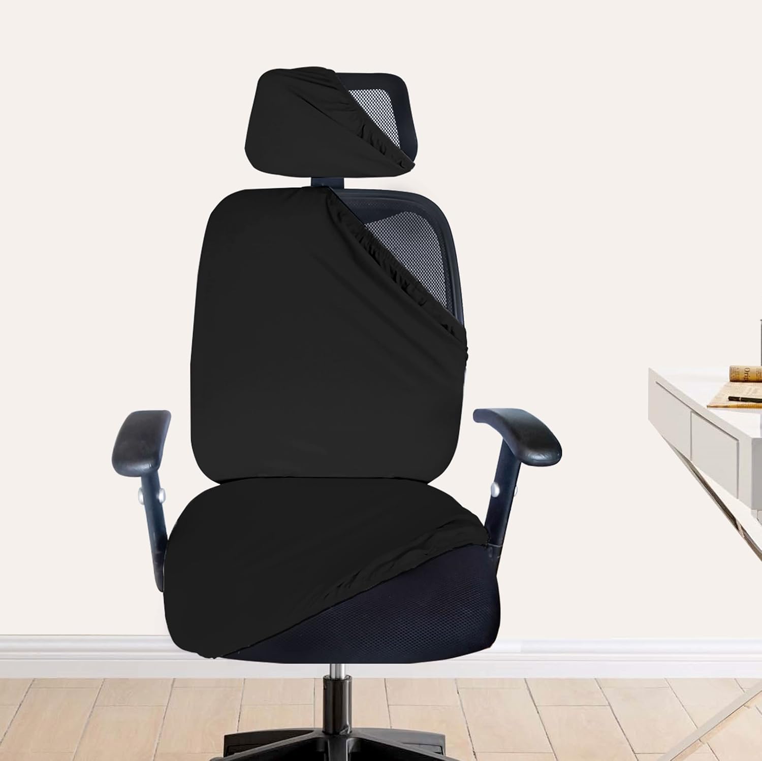 HOTKEI 3 Piece Black Office Chair Cover with Headrest Cover 200GSM Fabric Stretchable Stain Proof Office Computer Desk Executive Rotating Seat Covers Slipcover Protector for office chair