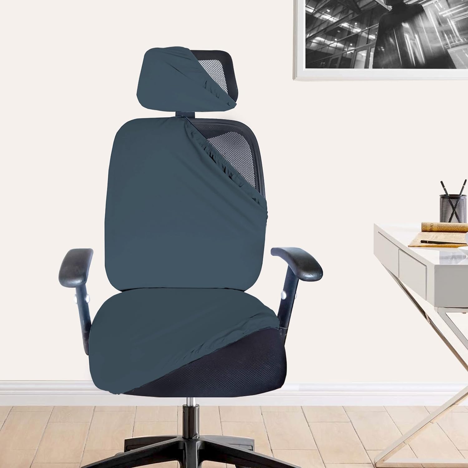HOTKEI 3 Piece Dark Grey Office Chair Cover with Headrest Cover 200GSM Fabric Stretchable Removable Stain Proof Office Computer Desk Executive Rotating Chair Seat Covers Slipcover Protector