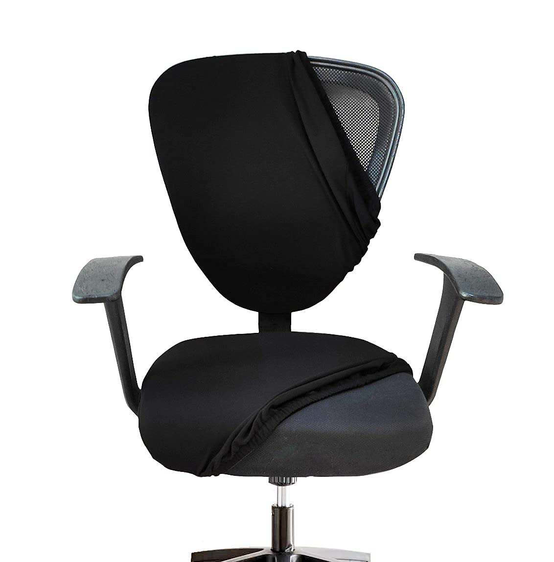 HOTKEI Black 2 Piece Office Chair Cover Pack of 1 Stretchable 200GSM Fabric Elastic Polyester Blend Removable Washable Office Computer Desk Executive Rotating Chair Seat Covers Slipcover Protector