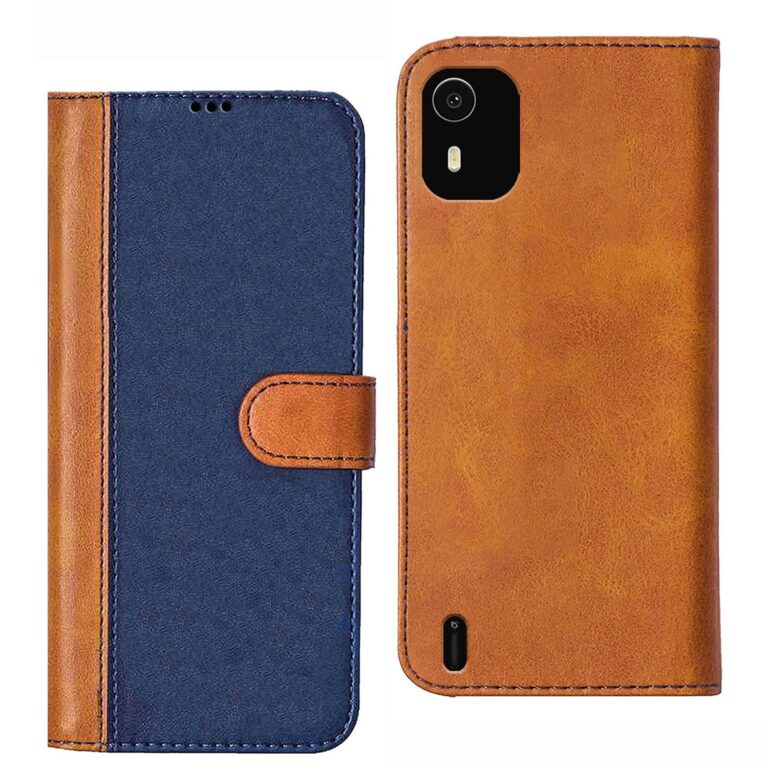 Knotyy Faux Leather Flip Cover Case Back Cover for Nokia C12 Foldable Stand | Cards Pockets Inside | Shockproof 360 Degree Protect | Magnetic Clutch Flip Cover (Blue and Brown)