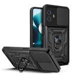 KrKis TPU+PC Back Cover Compatible to Motorola Moto G64 5G with Sliding Camera Shield Cover & 360° Protection Build-in Ring Stand Mobile Phone Case for Moto G64 5G (Black)