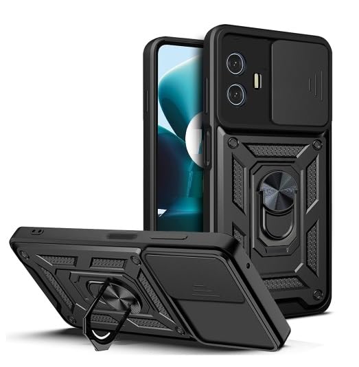 KrKis TPU+PC Back Cover Compatible to Motorola Moto G64 5G with Sliding Camera Shield Cover & 360° Protection Build-in Ring Stand Mobile Phone Case for Moto G64 5G (Black)