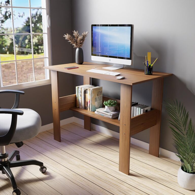 Lukzer Engineered Wood Computer Desk with One Tier Shelves Laptop Study Table for Office Home Workstation Writing Modern Desk (ST-004/Oak Brown / 90 x 50 x 77 cm)