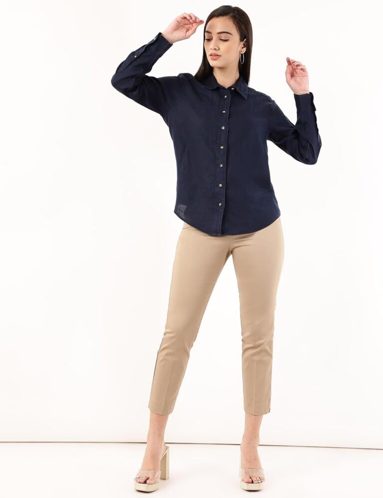 Marks & Spencer Womens Solid Linen Blend Collared Neck Regular Fit Shirt