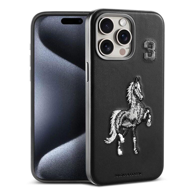 PULOKA - Mobile Cover for iPhone 14 PRO - Horse Embroidery - Sleek & Stylish - Protective & Anti Scratch Phone Cover Vegan Leather Back Case - Men & Women - Santa Barbara Polo (BLACK)