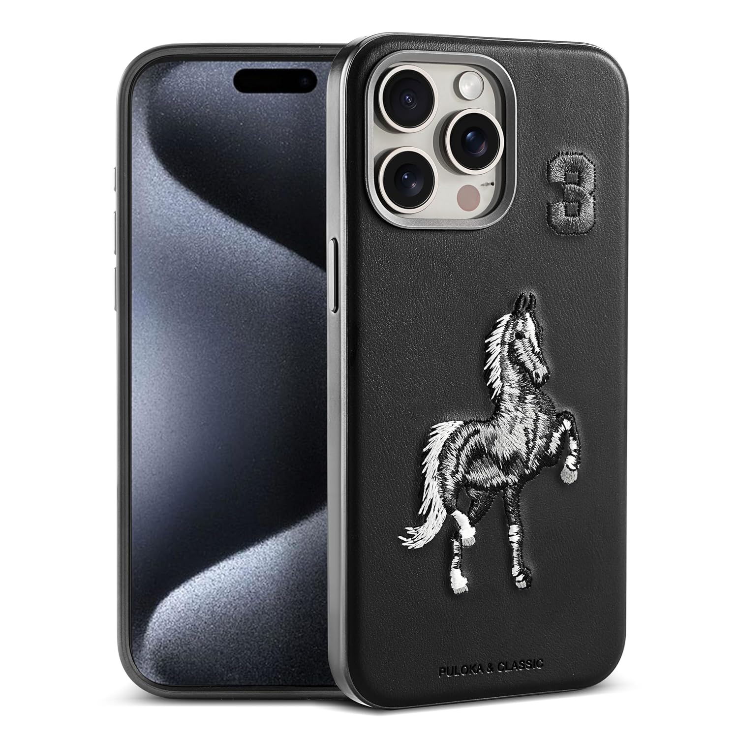 PULOKA - Mobile Cover for iPhone 14 PRO - Horse Embroidery - Sleek & Stylish - Protective & Anti Scratch Phone Cover Vegan Leather Back Case - Men & Women - Santa Barbara Polo (BLACK)