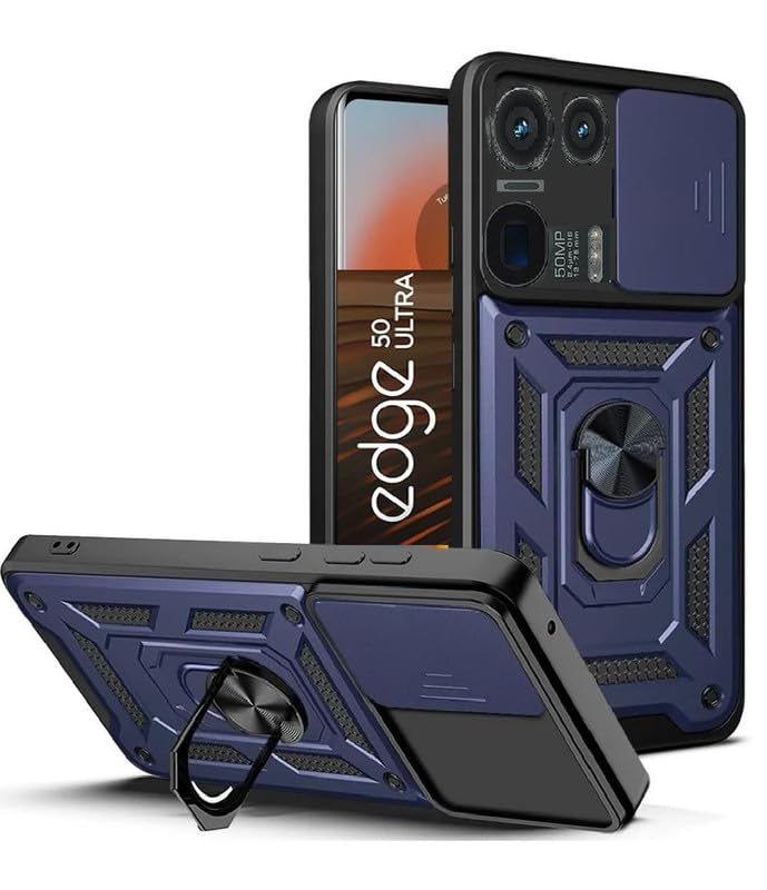 SkyTree Motorola Edge 50 Ultra 5G, Robotic Sliding Camera Window Shock Proof Thunder Case, Dual Layer Hybrid Armor Back Cover Case with Kickstand for Motorola Edge 50 Ultra 5G - Blue