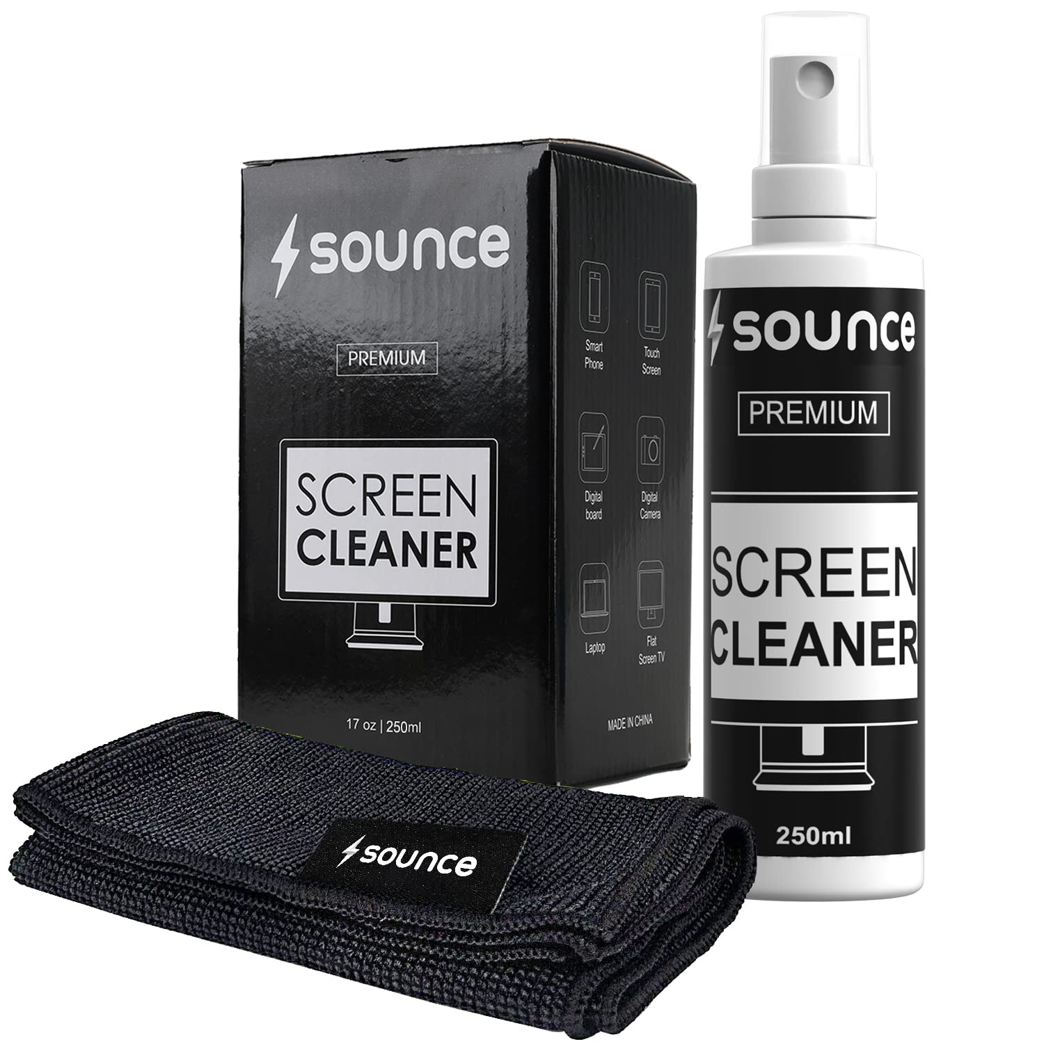 Sounce 2-in-1 Professional Screen Cleaning Kit Non-toxic, Anti-static for Camera, Lens, Binocular, Laptop, TV, Monitor, Smartphone, Tablet (includes: Cleaning Liquid 250ml, Plush Microfiber Cloth)