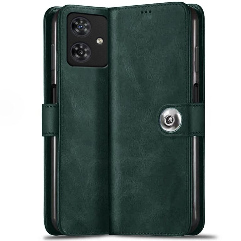 TheGiftKart Genuine Leather Finish Flip Back Cover Case for Motorola Moto G54 5G / G64 5G | Inbuilt Pockets & Stand | Designer Button Magnet Flip Back Case for Moto G54 5G / G64 (Faux Leather, Green)