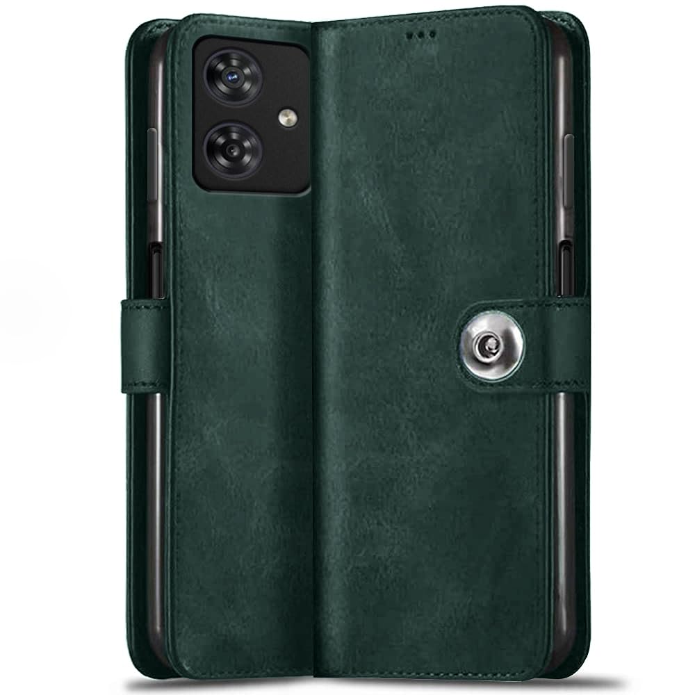 TheGiftKart Genuine Leather Finish Flip Back Cover Case for Motorola Moto G54 5G / G64 5G | Inbuilt Pockets & Stand | Designer Button Magnet Flip Back Case for Moto G54 5G / G64 (Faux Leather, Green)