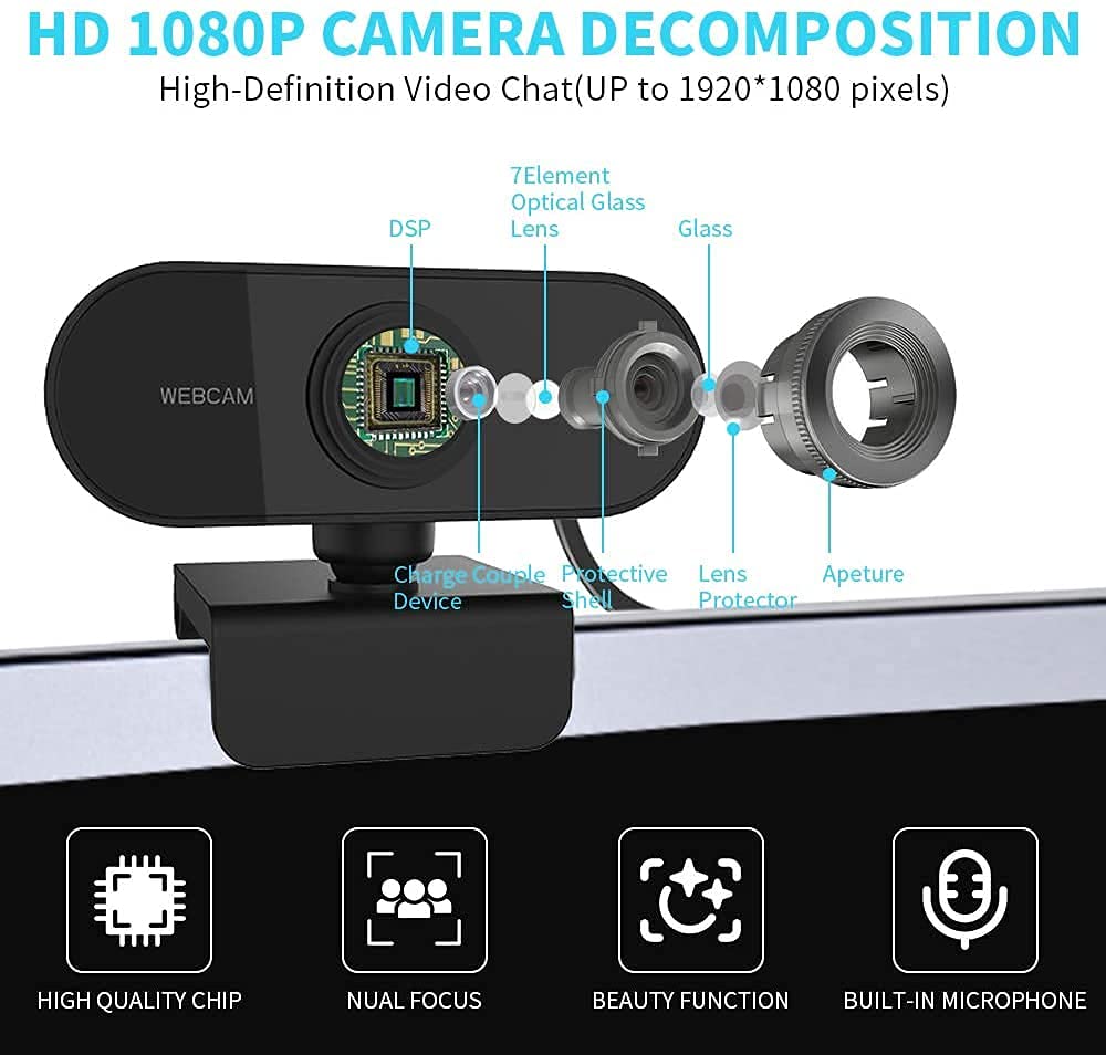 V88R® PC Webcam 1080P Full HD Webcam USB Desktop & Laptop Webcam Live Streaming Webcam with Microphone Widescreen HD Video Webcam 90-Degree Extended View for Video Calling (HD Webcam) Black