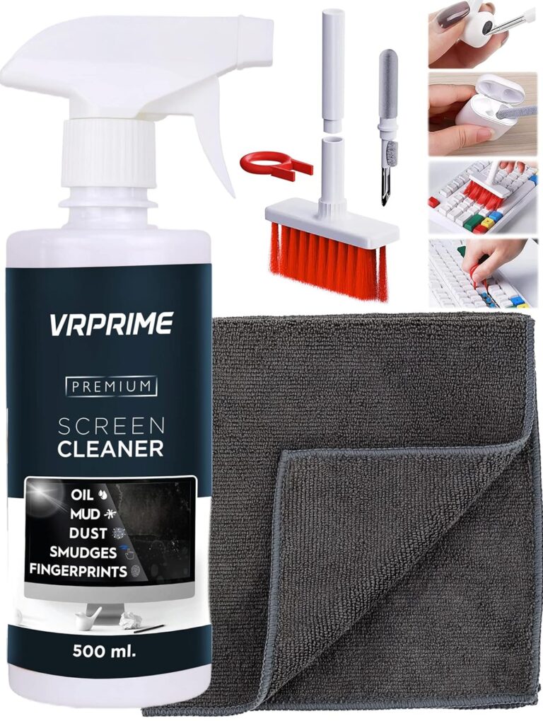 VRPRIME 500ML Laptop Cleaning Kit Screen Cleaner Keyboard Cleaner for Mobile Phone, Camera lens, Computer, Gadget, Electronic, TV | With Large Microfibre Cloth & Keyboard AirPods Cleaner Brush (SPRAY)