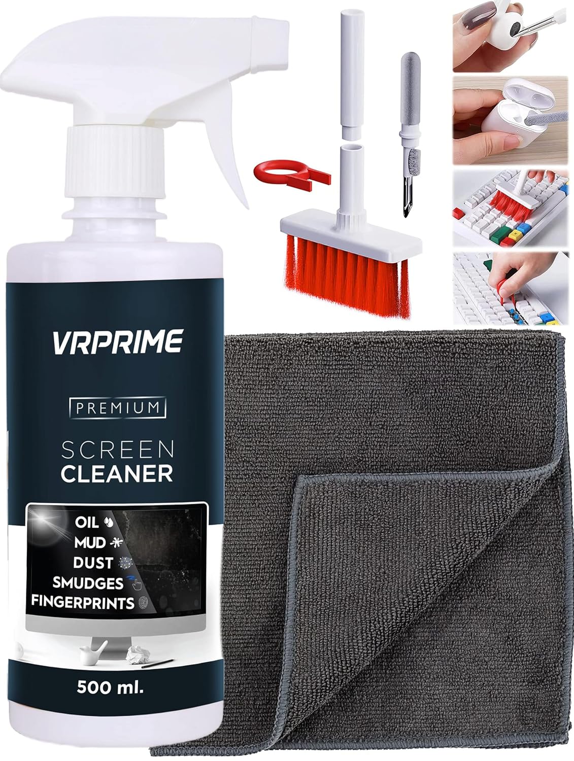 VRPRIME 500ML Laptop Cleaning Kit Screen Cleaner Keyboard Cleaner for Mobile Phone, Camera lens, Computer, Gadget, Electronic, TV | With Large Microfibre Cloth & Keyboard AirPods Cleaner Brush (SPRAY)