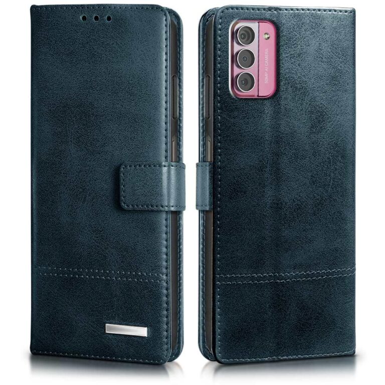 WOW IMAGINE Shock Proof Hand Stitched Luxury Premium Flip Cover Case for Nokia G42 5G (Flexible | Leather Finish | Card Pockets Wallet & Stand | Tanned Blue)