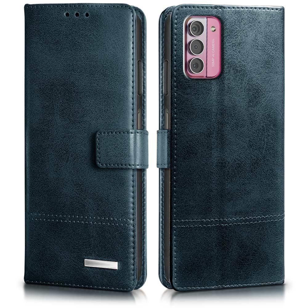 WOW IMAGINE Shock Proof Hand Stitched Luxury Premium Flip Cover Case for Nokia G42 5G (Flexible | Leather Finish | Card Pockets Wallet & Stand | Tanned Blue)