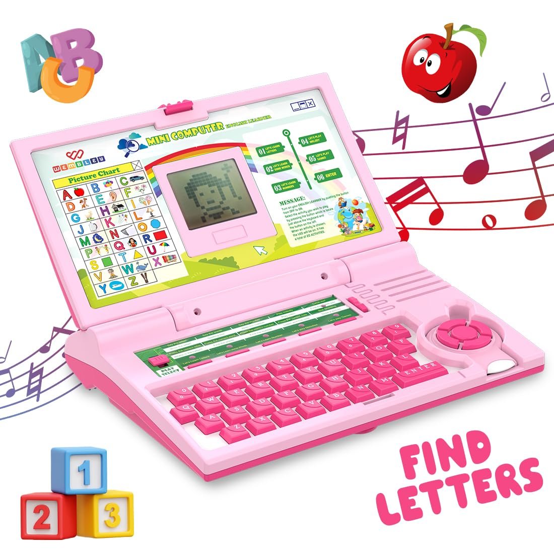 Wembley Educational Laptop for Kids Toys for 2 - 5 Years Learning Activity Computer Toys for 3 Years Old Boy Learn Alphabet, Letter, Words, Games, Mathematics, Music, Logic Memory Tool