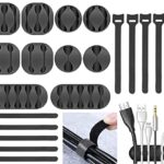 Zerfa 20pcs Cord Cable Wire Holder Protector Organizer Accessories Self Adhesive Cable Straps Hook and Loop Cable Ties for Home, Office, Car, Desktop, Laptop, Computer (Black)
