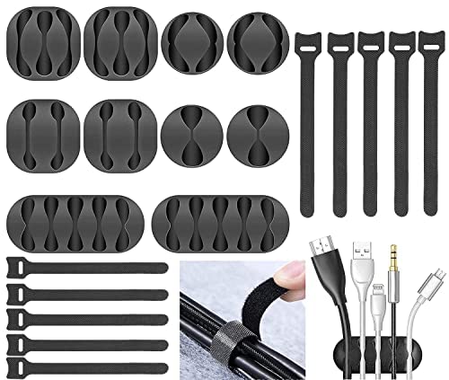 Zerfa 20pcs Cord Cable Wire Holder Protector Organizer Accessories Self Adhesive Cable Straps Hook and Loop Cable Ties for Home, Office, Car, Desktop, Laptop, Computer (Black)