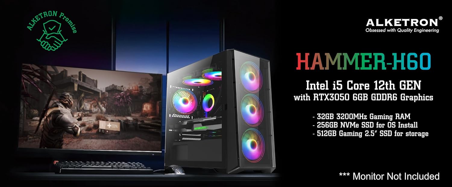 ALKETRON Hammer H60- Professional Gaming Desktop PC - i5 core 12th GEN(Alder Lake) Processor UHD 730 Graphics - Fully Assembled PC (3Year Warranty)