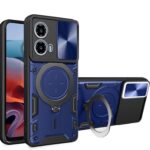 Casotec Case with Sliding Camera | Magnetic Ring Holder & Kickstand in-Built | Heavy Duty TPU + PC Shockproof Case | 360 Degree Protection Back Cover for Motorola Moto G34 5G (Blue)