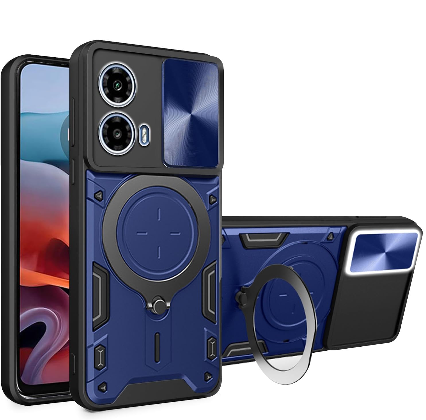 Casotec Case with Sliding Camera | Magnetic Ring Holder & Kickstand in-Built | Heavy Duty TPU + PC Shockproof Case | 360 Degree Protection Back Cover for Motorola Moto G34 5G (Blue)